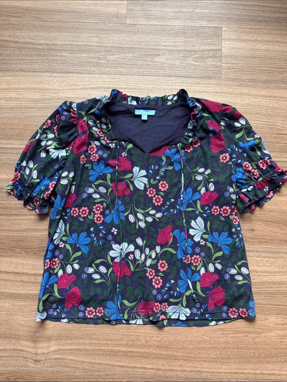 Floral Puff-Sleeve Blouse in Navy with Pink & Blue Flowers